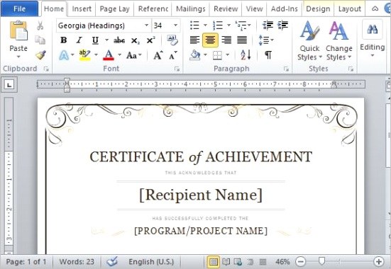 certificate of achievement template for word 2013