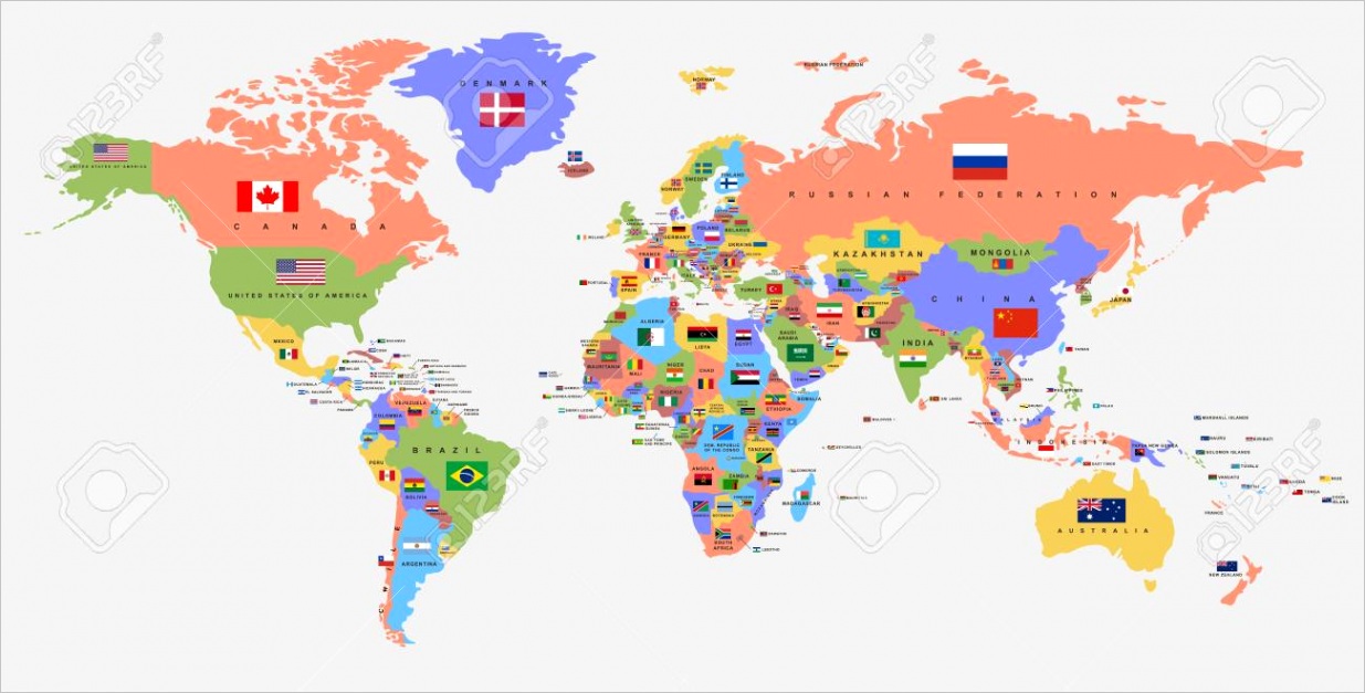 photo stock vector color world map with the names of countries and national flags political map every country is isolat