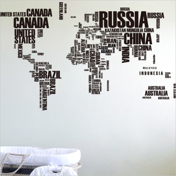 large text world map with country names removable wall sticker black