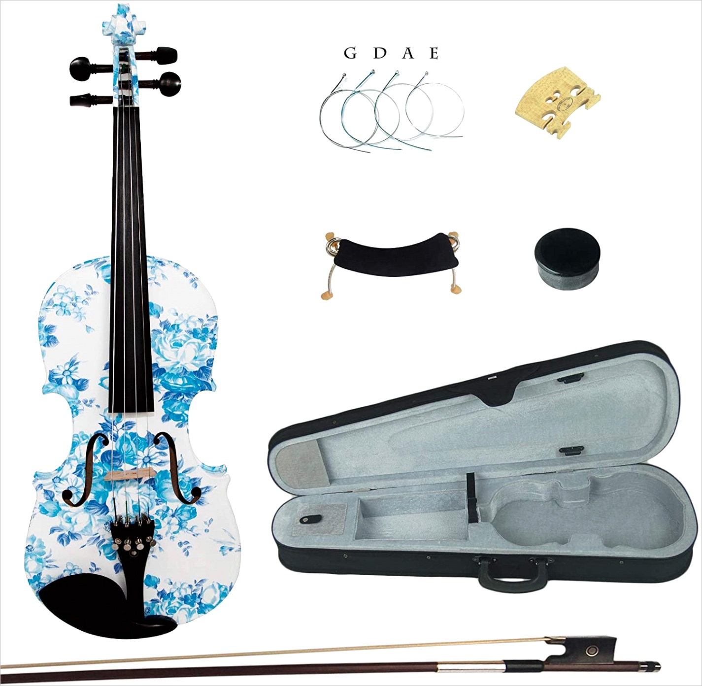44 white blue flower colored ebony fitted solid wood violin kit with case shoulder rest bow rosin extra bridge and strings full size yz1201 id=2186c5f e1b456a2707a91ab8e