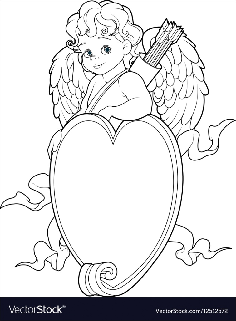 cupid over a heart shape sign coloring page vector