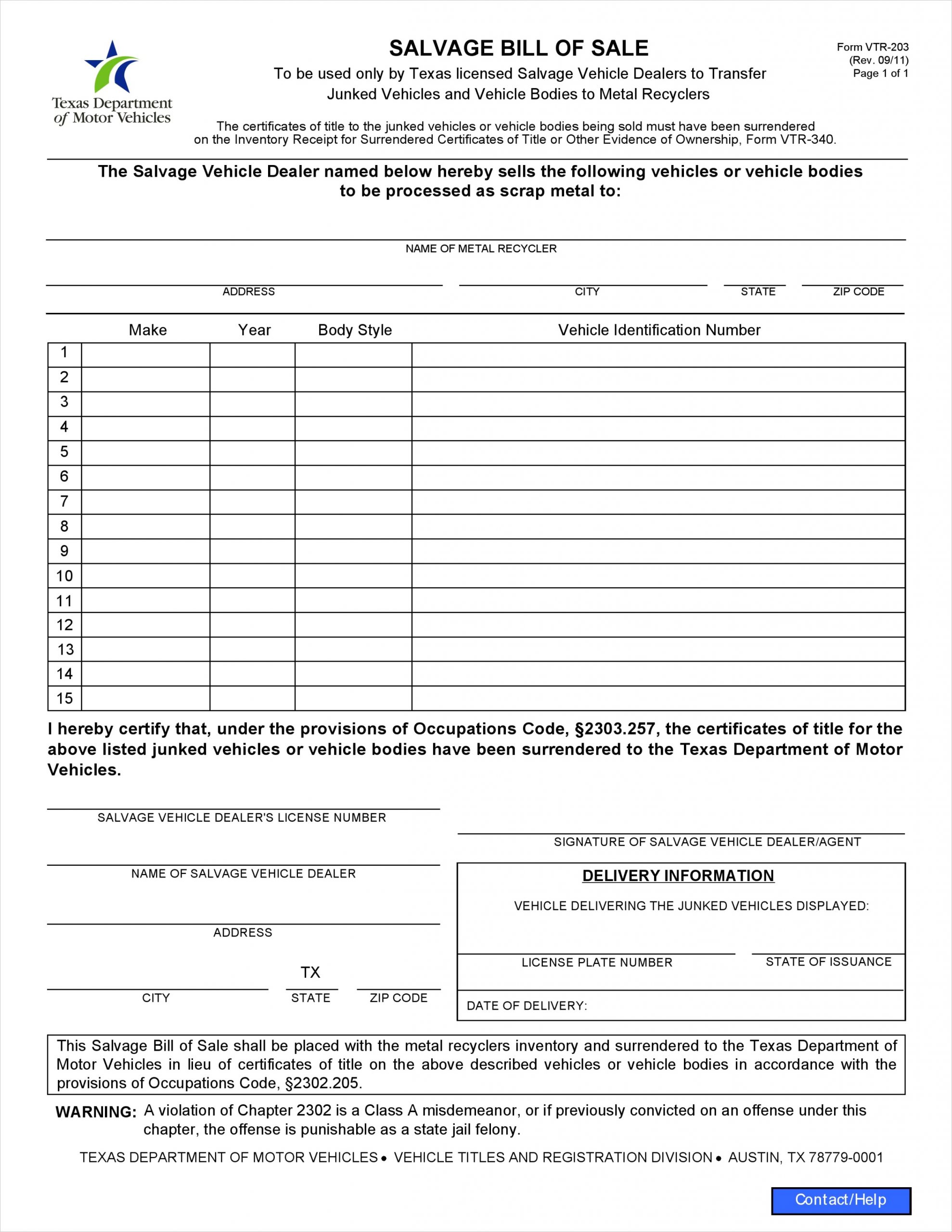 texas salvage vehicle bill of sale form