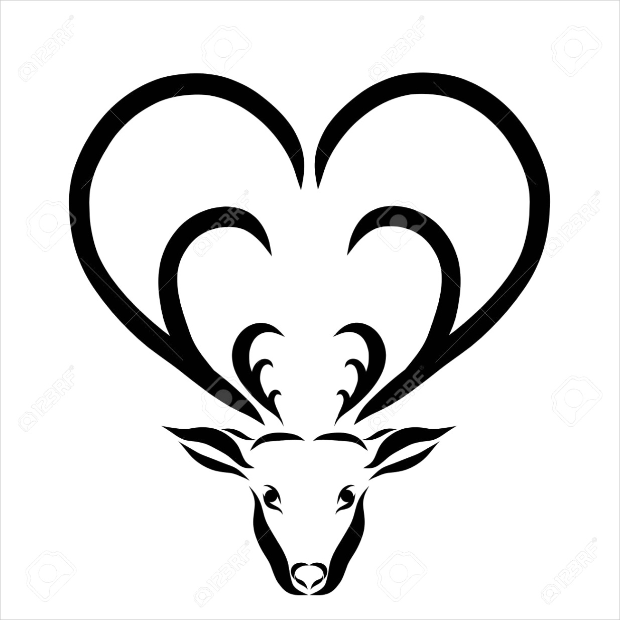 photo head of a deer with horns in the shape of a heart black lines