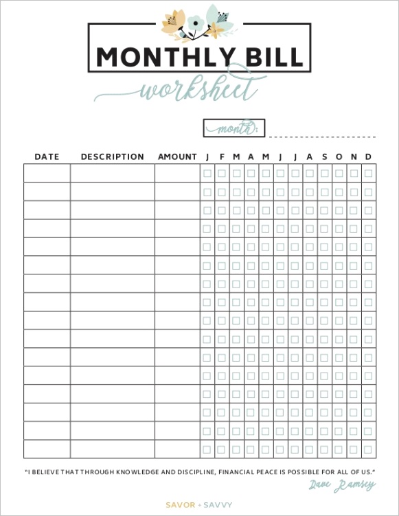 free printable bill worksheet