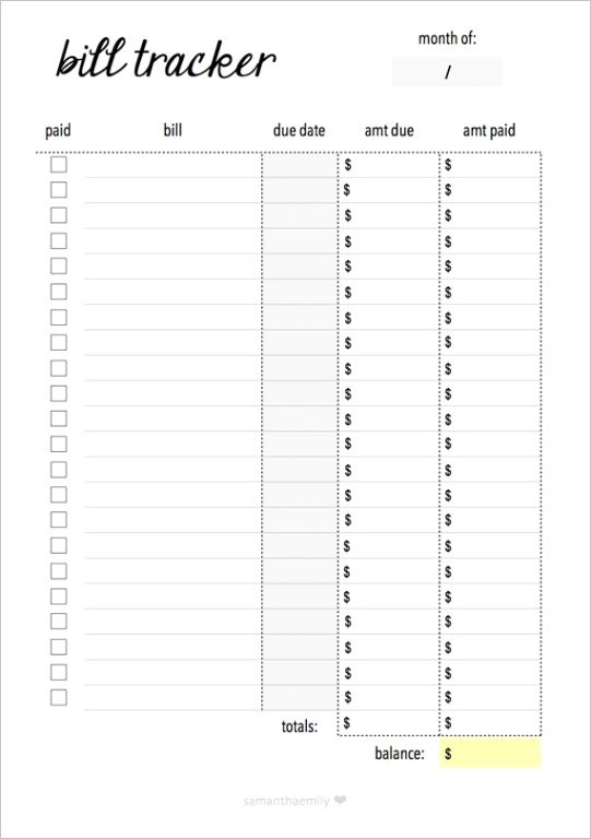 printable bill tracker monthly inserts