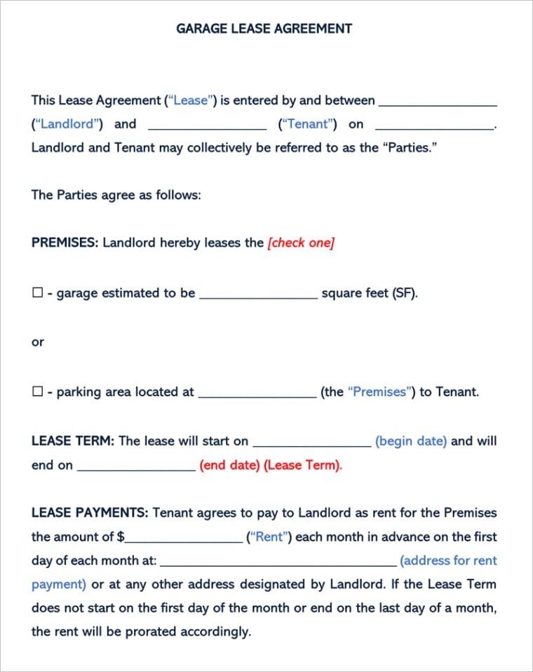 garage rental lease agreement templates