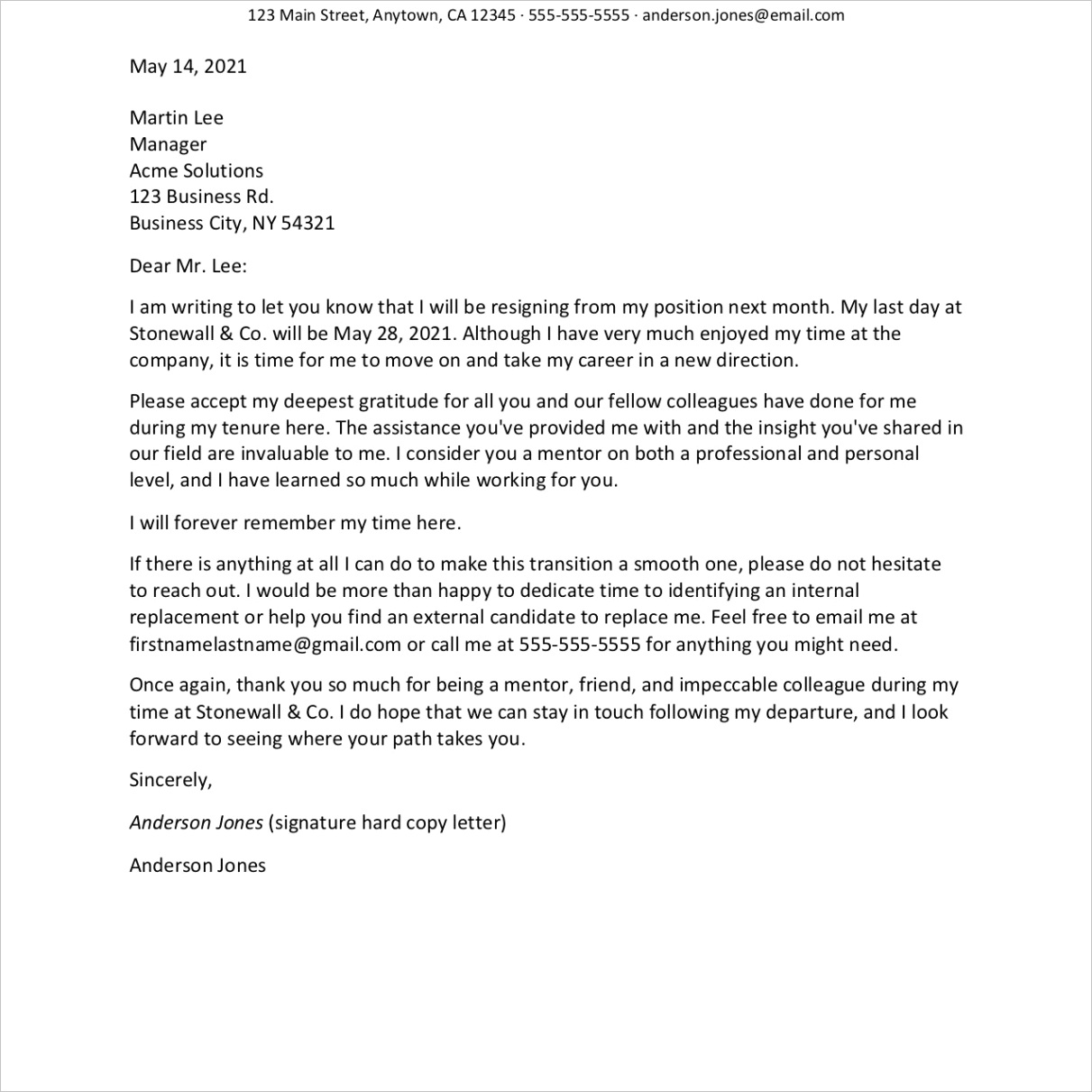 appreciative and sincere resignation letter example