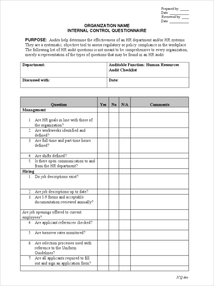 Human Resources Audit Checklist Internal Control Questionnaire Template doc