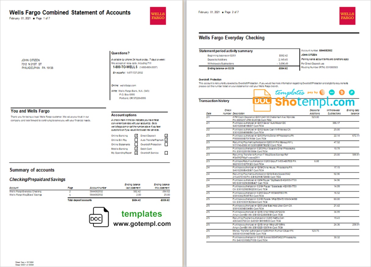 usa wells fargo bank statement template in word and pdf format 7 pages