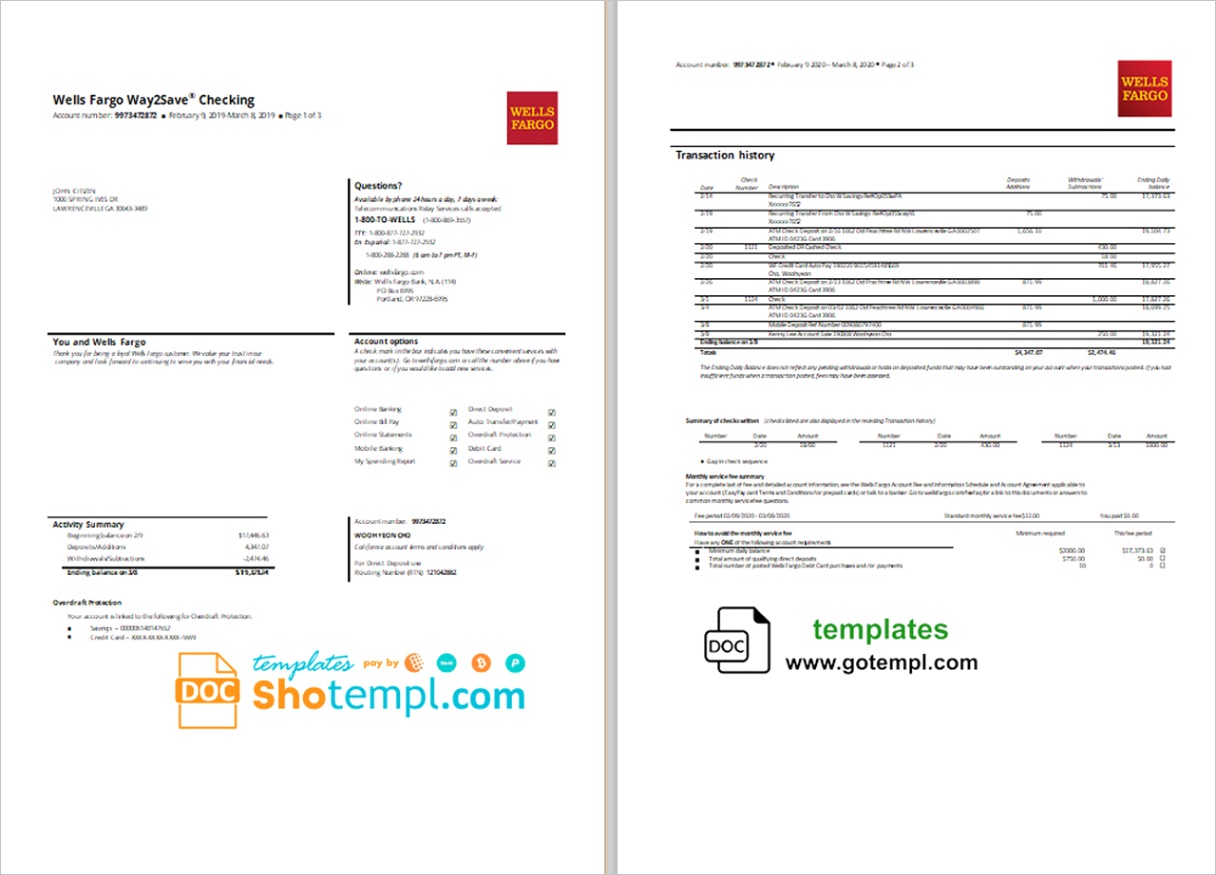 usa wells fargo bank statement template in word format 3 pages