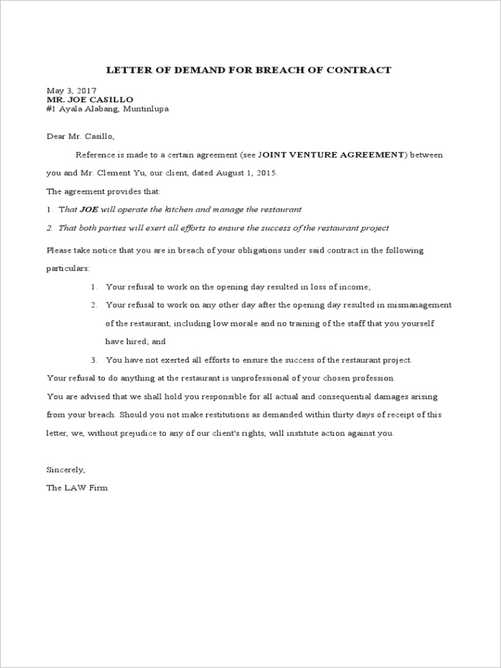 Demand Letter for Breach of Contract