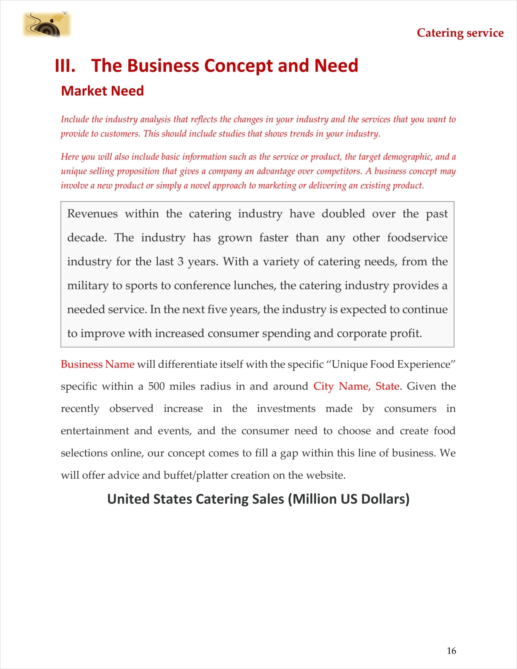 catering business plan template sample pages