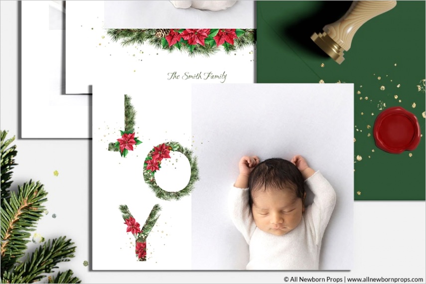 christmas card templates for photoshop joy pine and poinsettia overlay