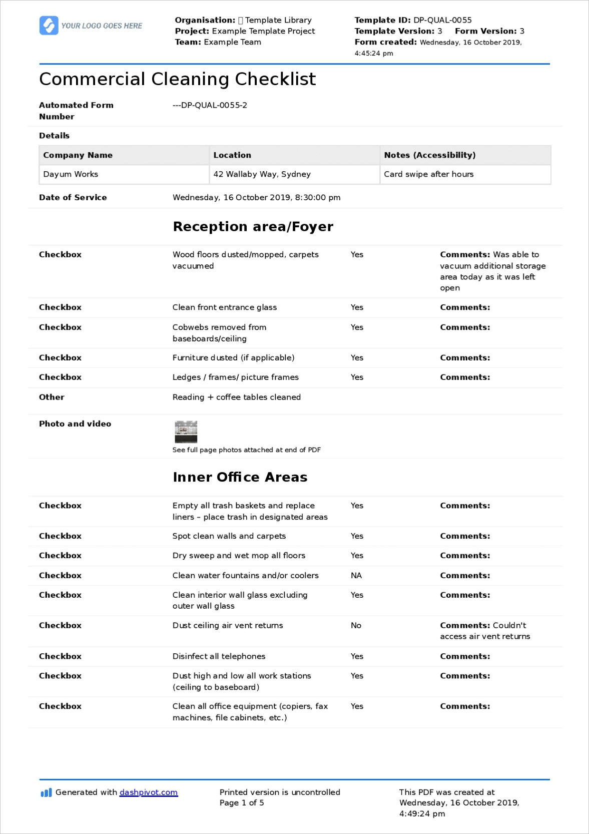 mercial cleaning checklist template