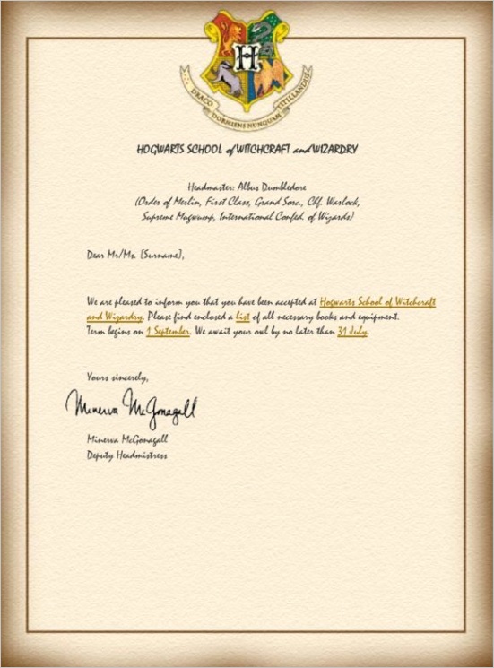hogwarts acceptance letters