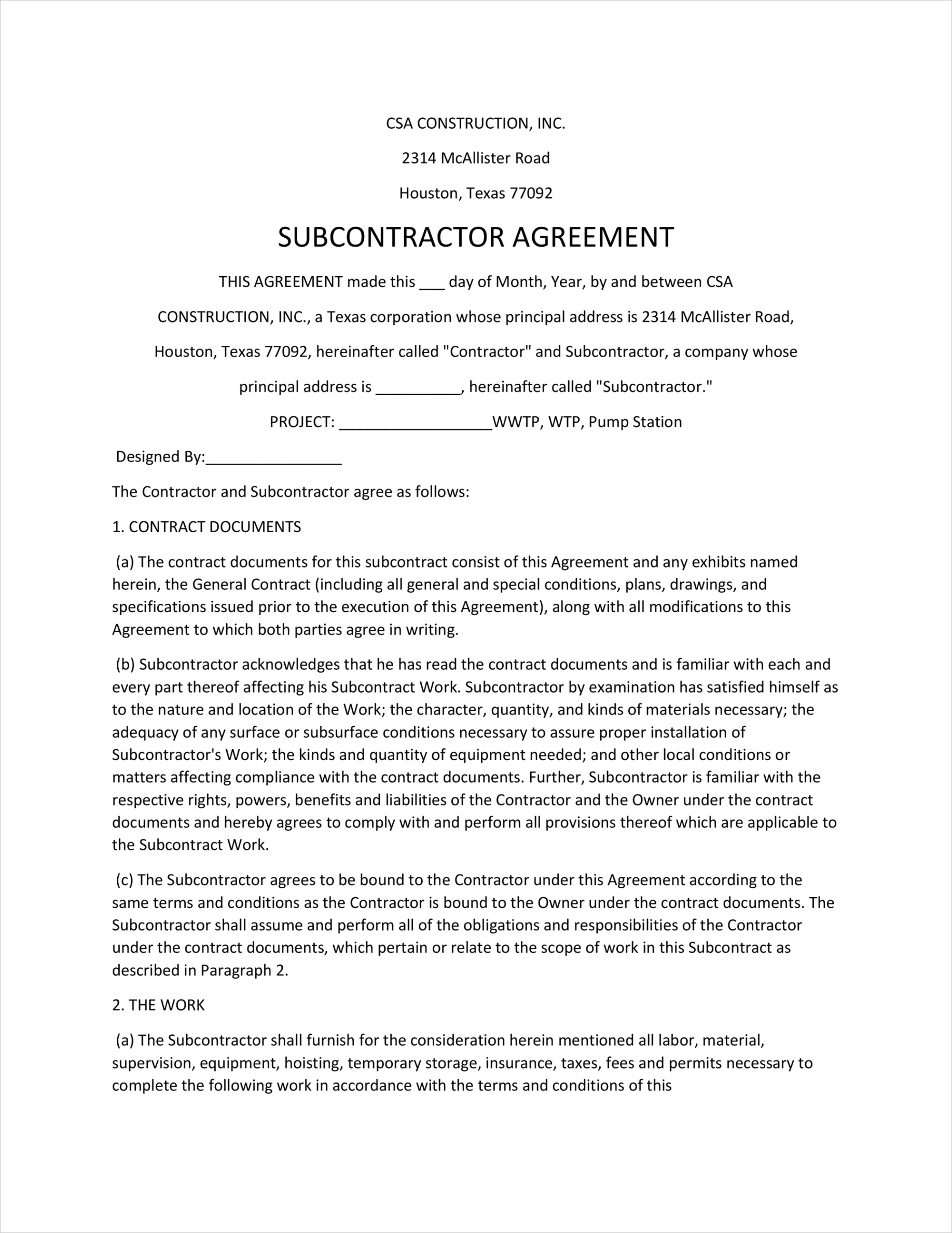 subcontractor agreement