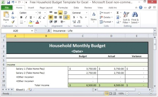 free household bud template for excel