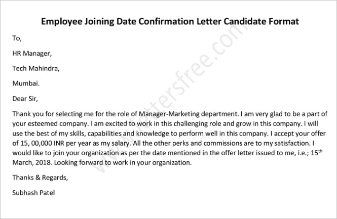 employee joining date confirmation letter candidate format