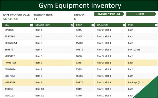 gym equipment inventory template