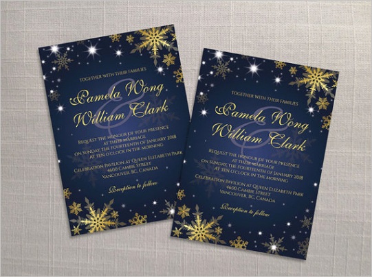 diy printable wedding invitation card template editable ms word file 5 x 7 instant winter gold snowflakes royal navy blue