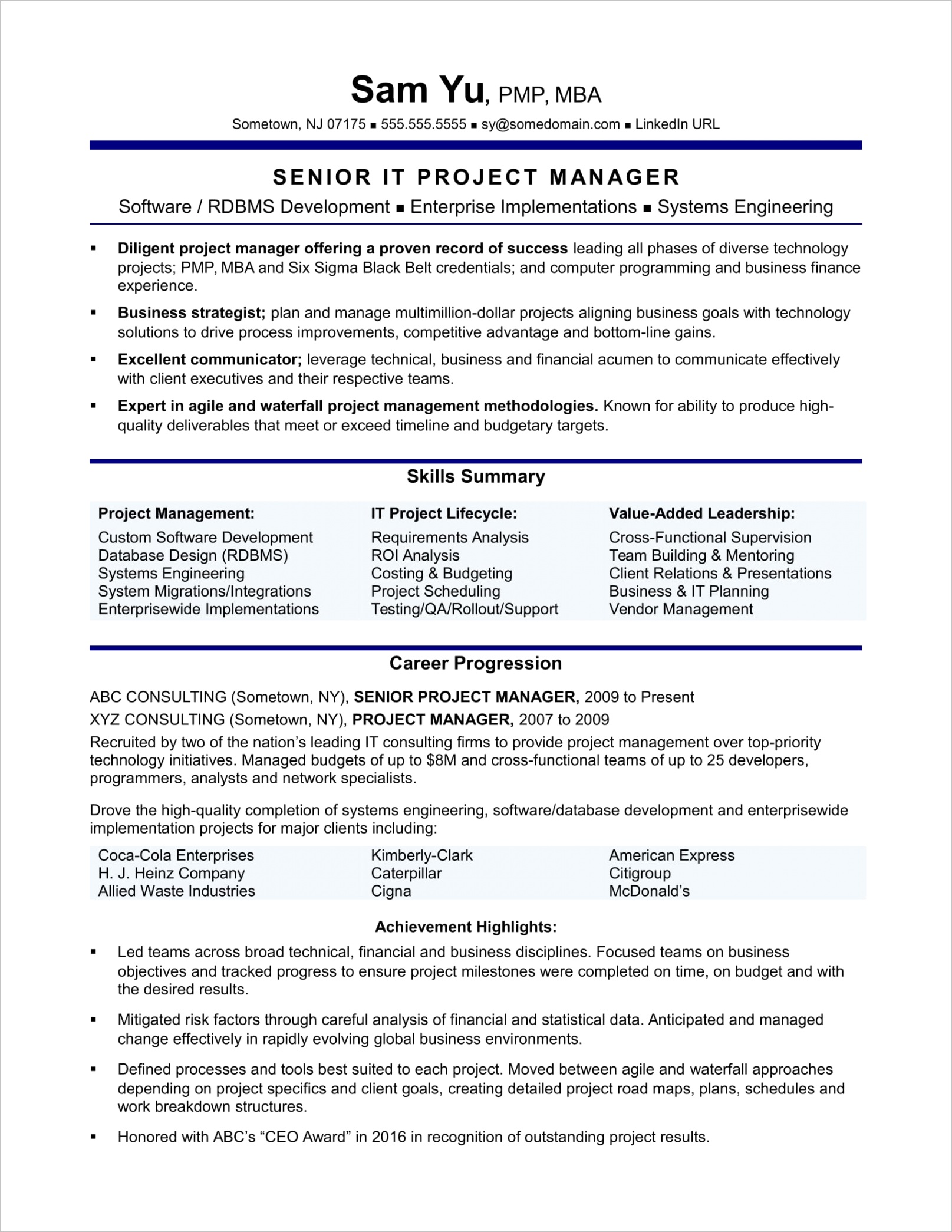 sample resume it project manager experienced