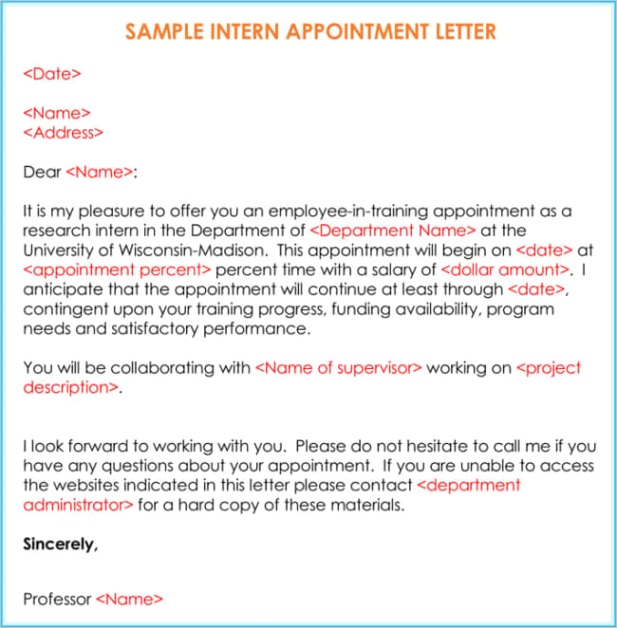 internship appointment letter template