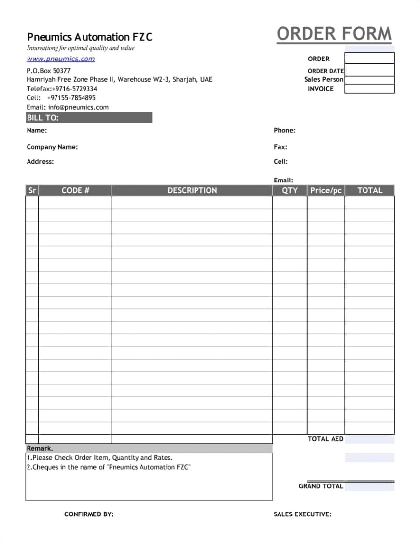 printable order forms templates