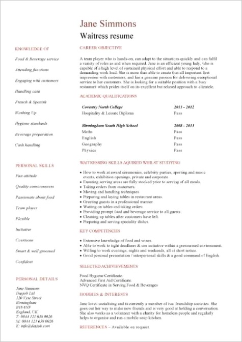 student entry level waitress resume template 1046