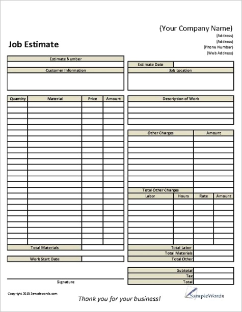 basic job estimate form