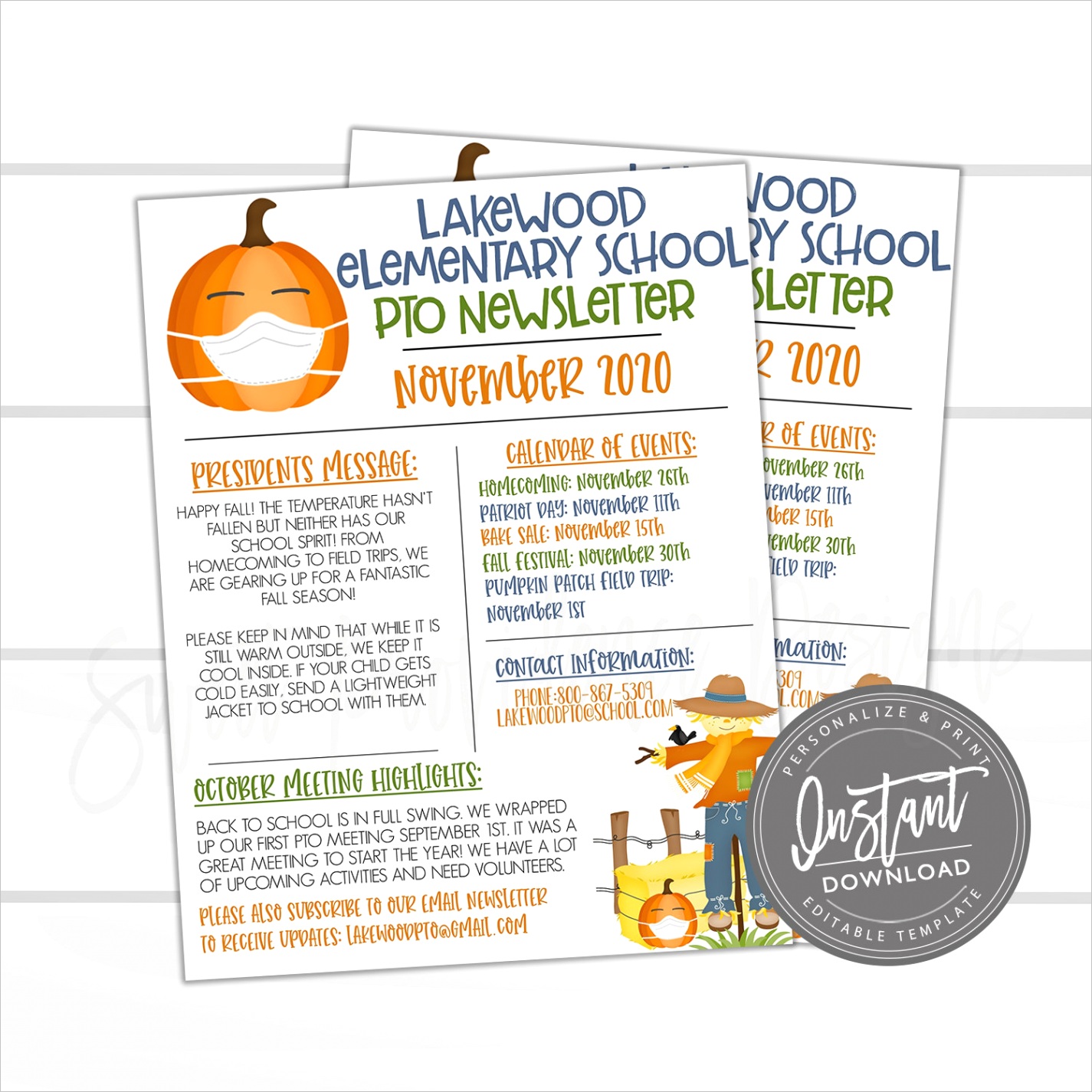 editable newsletter template school fall pumpkin flyer social distancing pto pta daycare activities invite instant access ed
