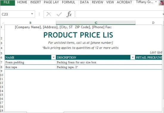 product price list template for excel