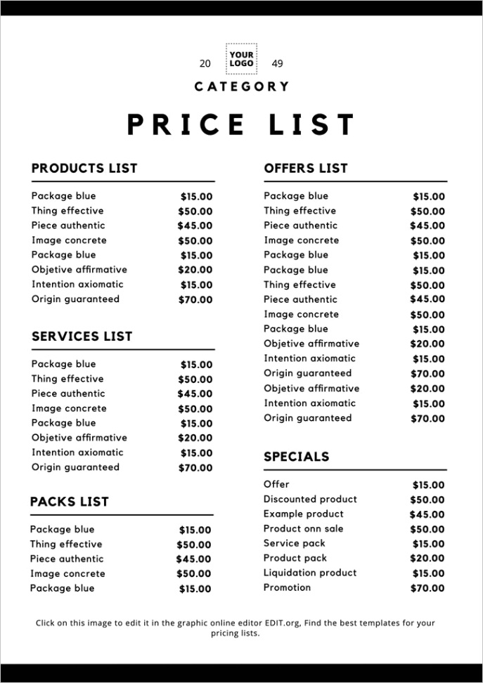 price list templates
