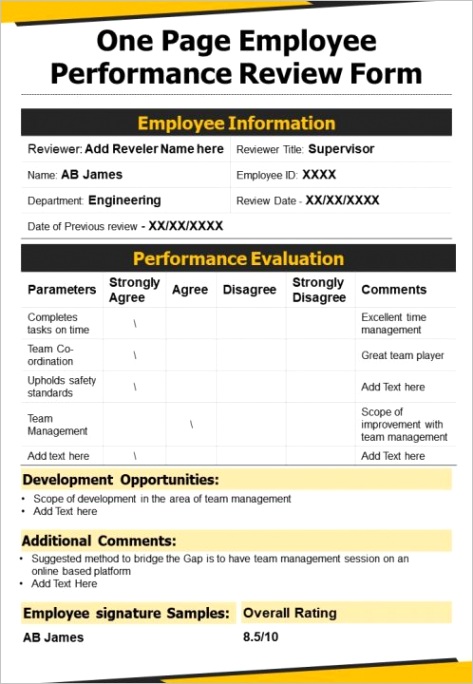 one page employee performance review form presentation report infographic ppt pdf documentml