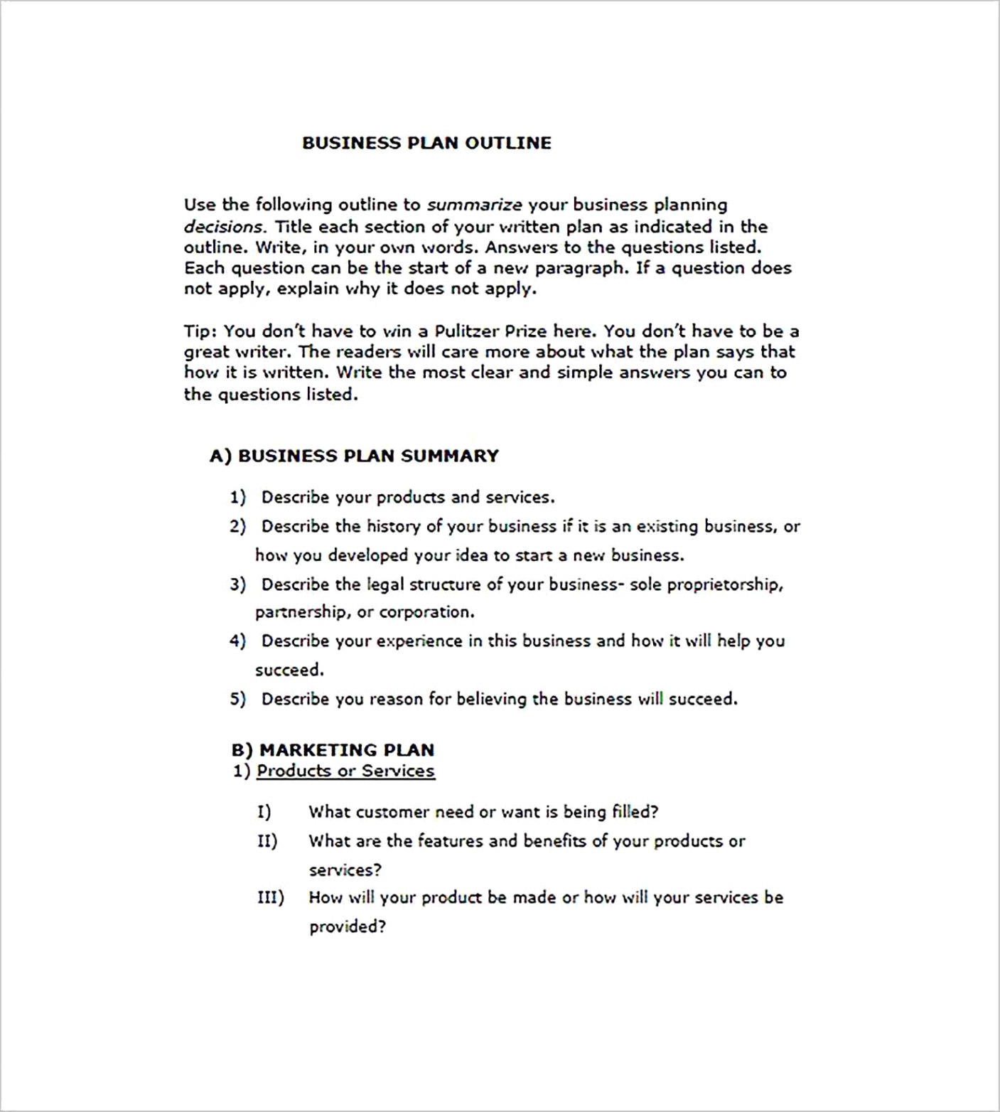 business plan outline templates