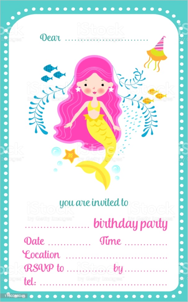 kids birthday party invitation template card with cute little mermaid and a place gm