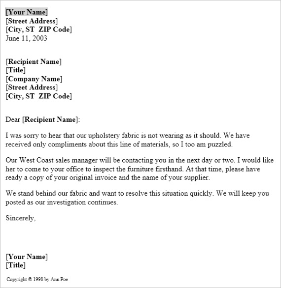 ms word notice of product plaint investigation letter template