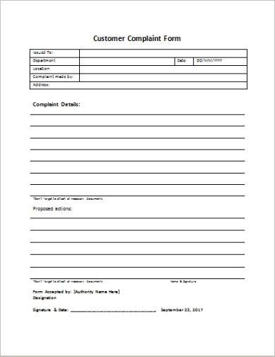 customer plaint forms