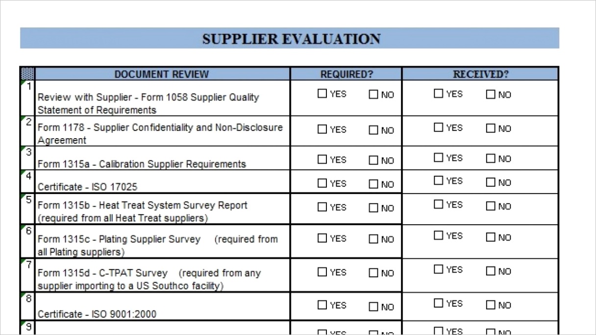 suppliers evaluation form template excel
