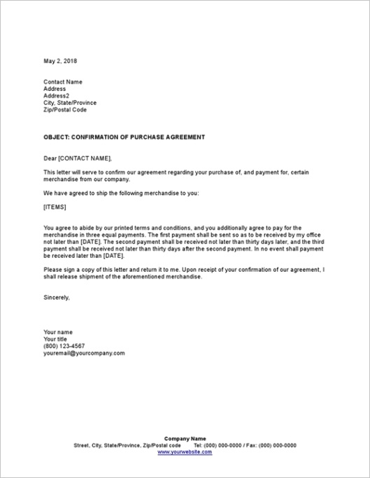 confirmation of purchase agreement