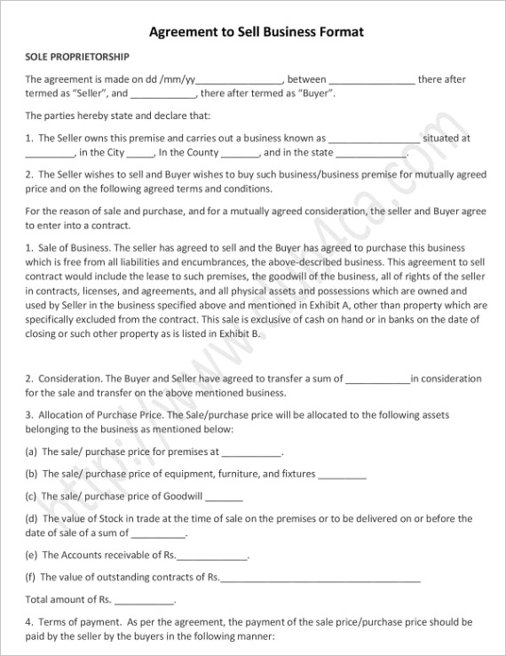sample of agreement to sell business format in word