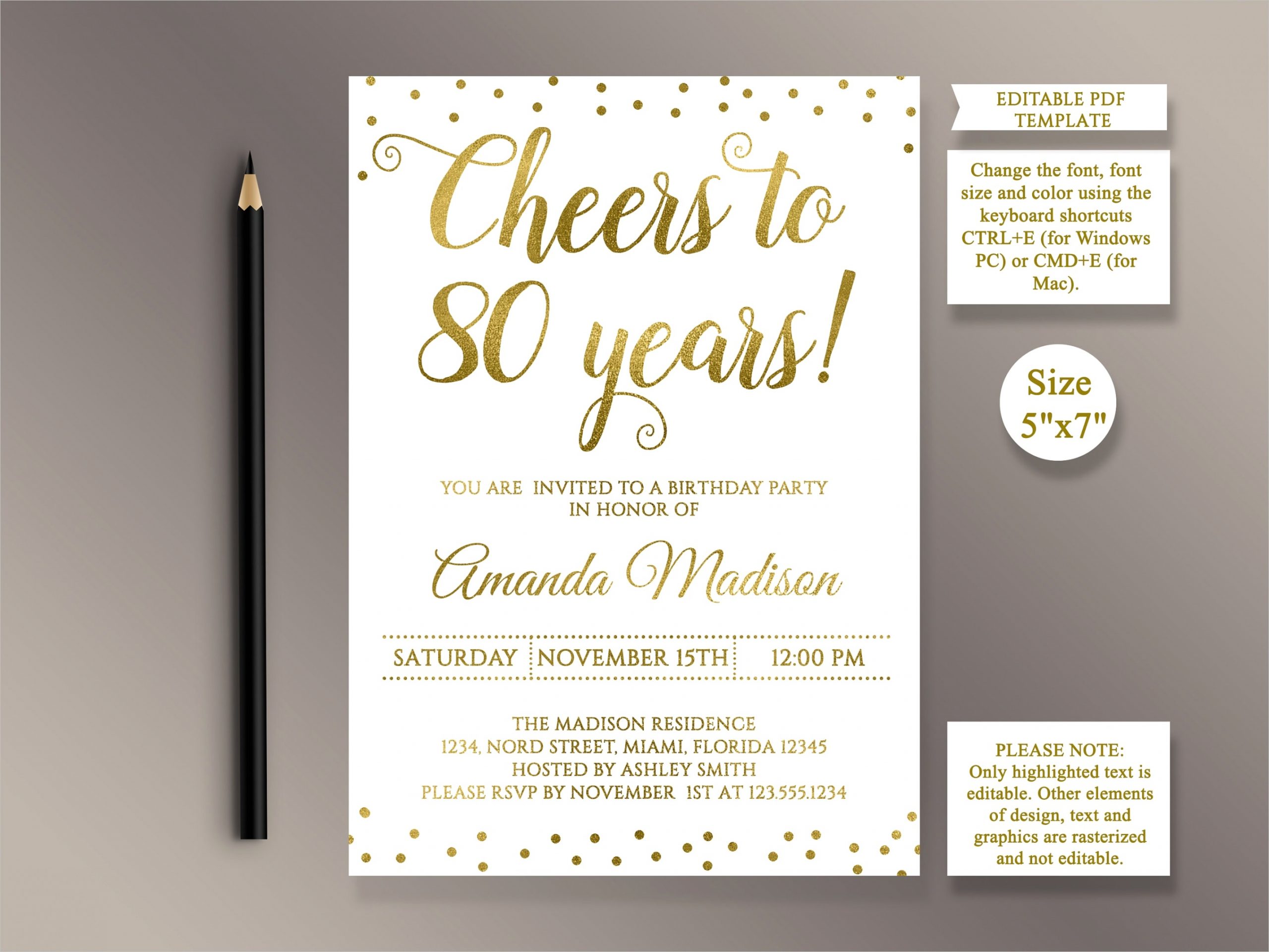 editable 80th birthday party invitation