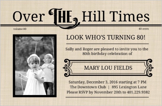 over the hill times 80th birthday invitation