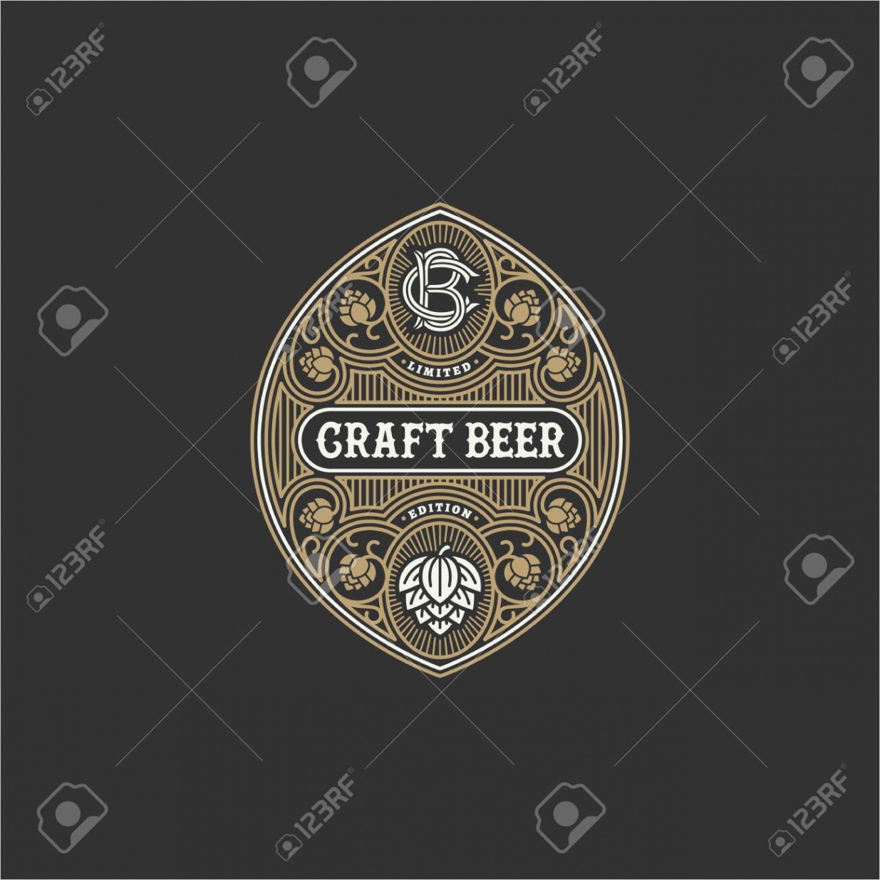 photo stock vector flourishes beer label design template with hops vector illustration