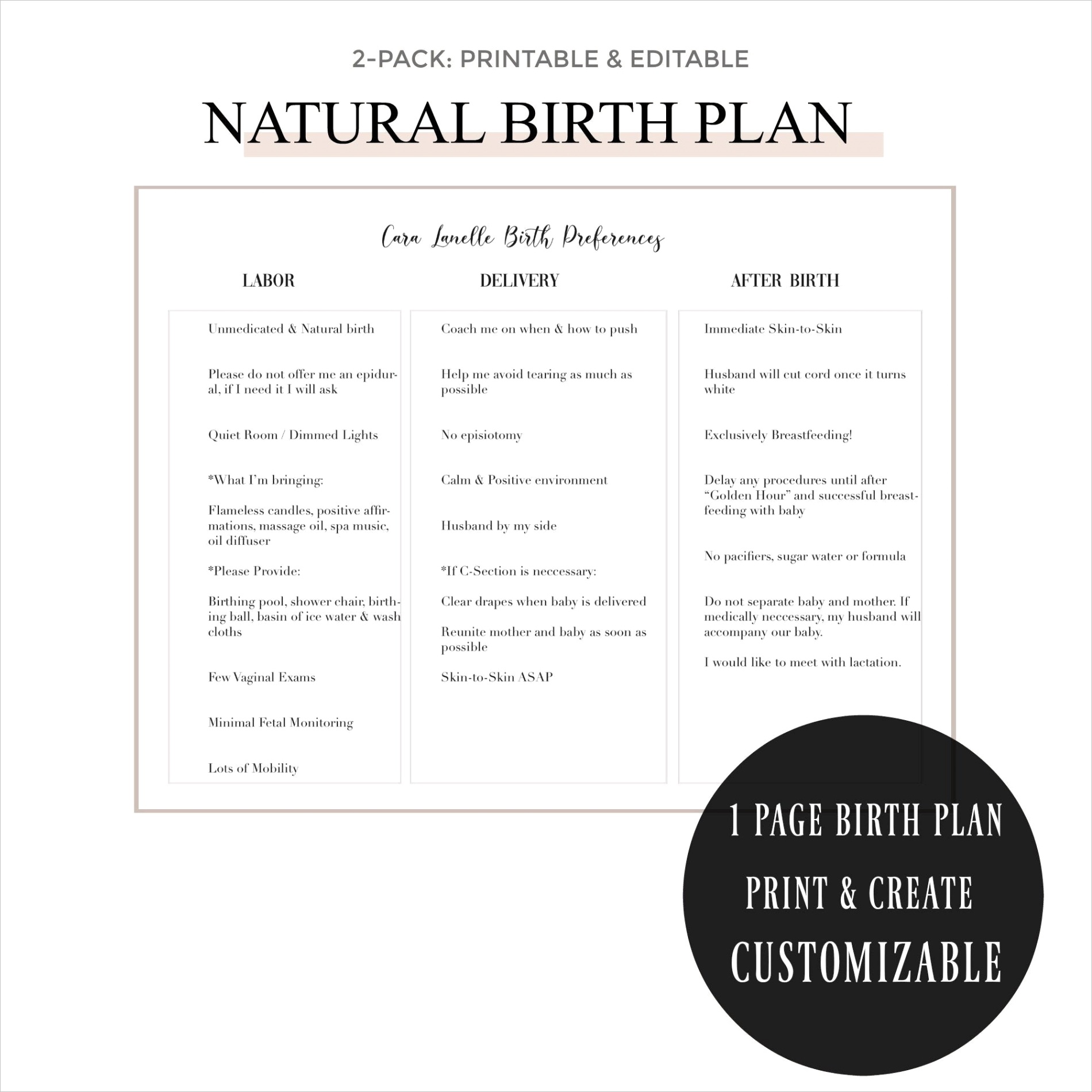 birth plan template 2 pack printable