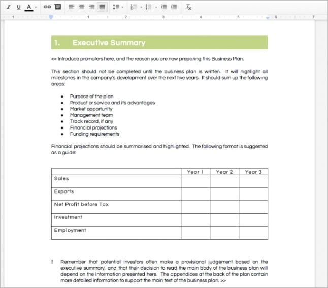 send the best business plan template for startups in google docs format