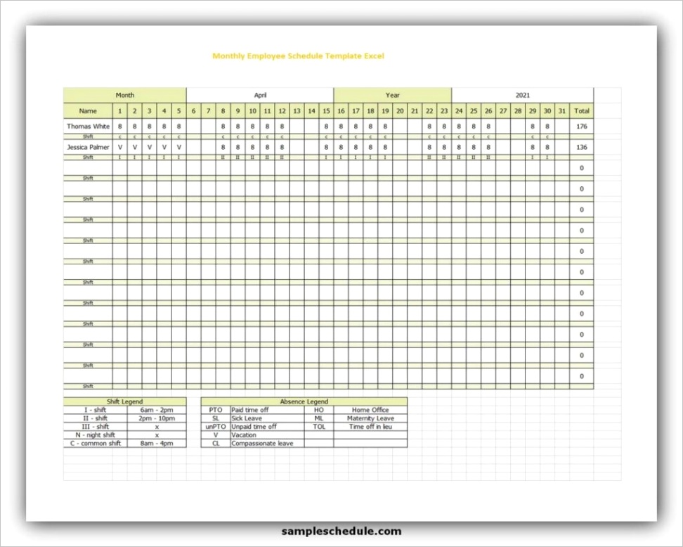monthly employee schedule template excel