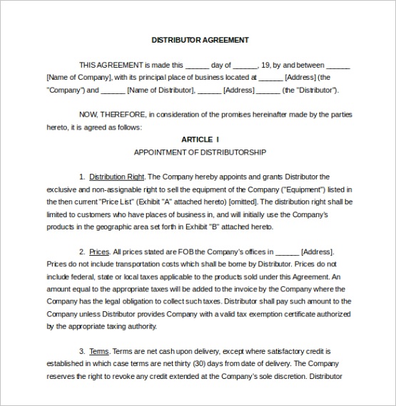 legal distributorship agreement template