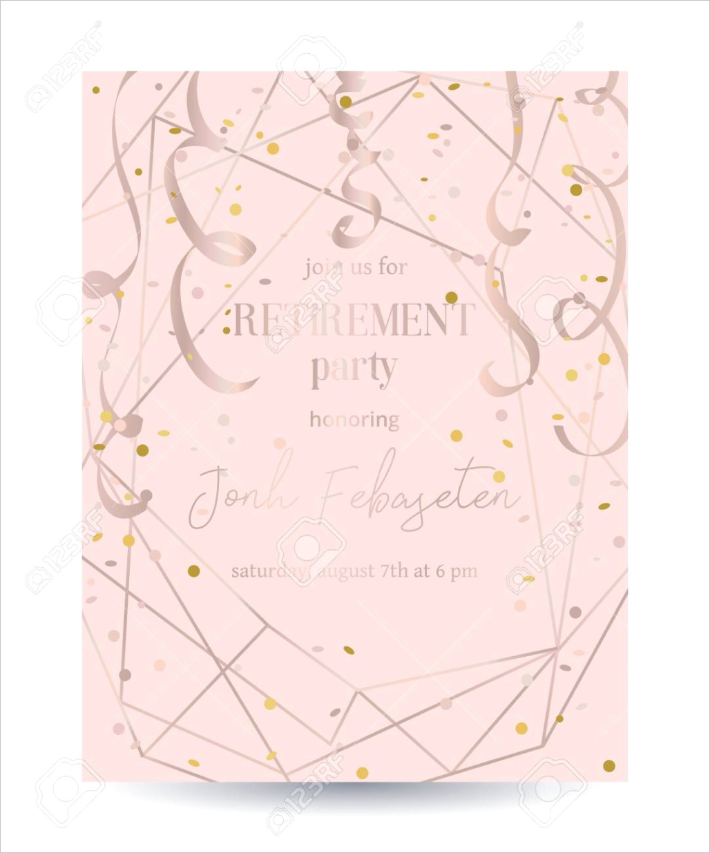 photo retirement party invitation design template with rose gold polygonal frame confetti and serpentine v