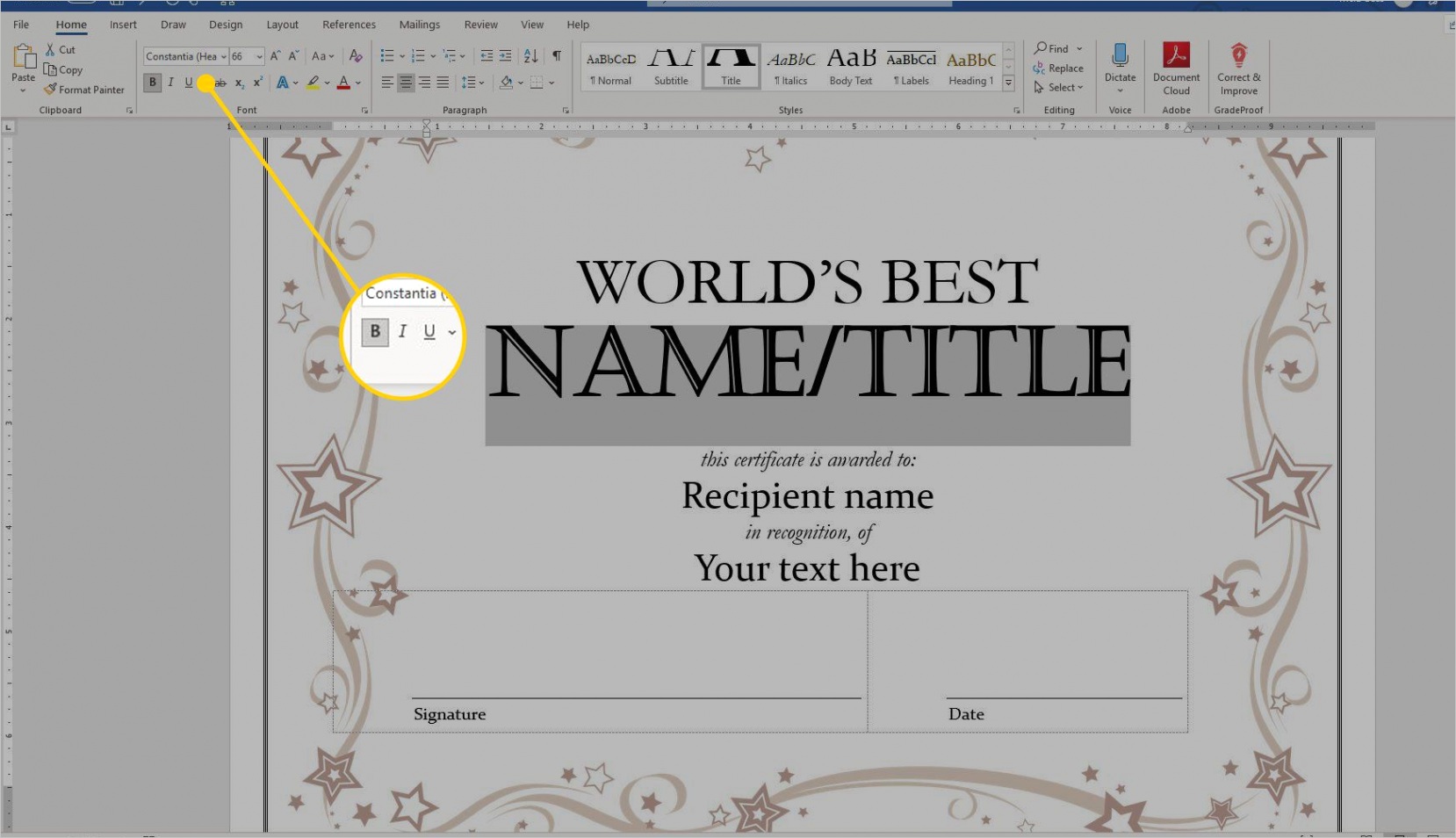 set up new document certificate template
