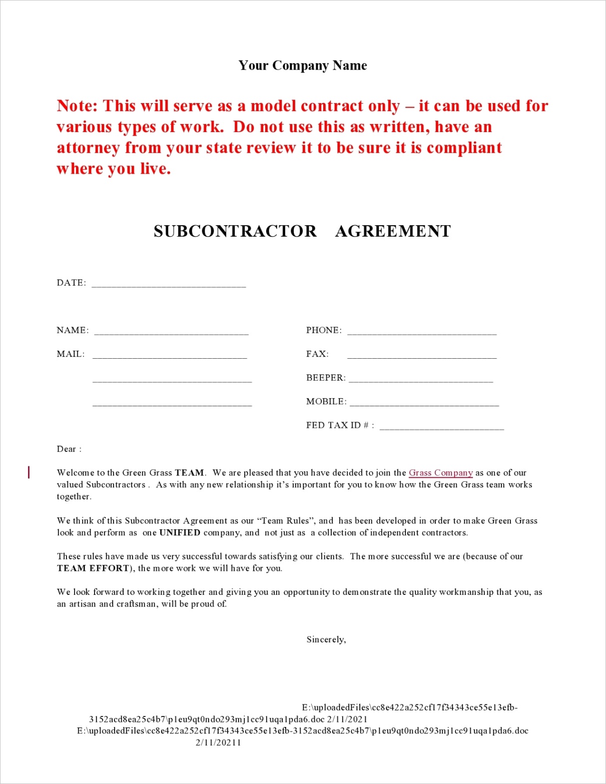 subcontractor agreement